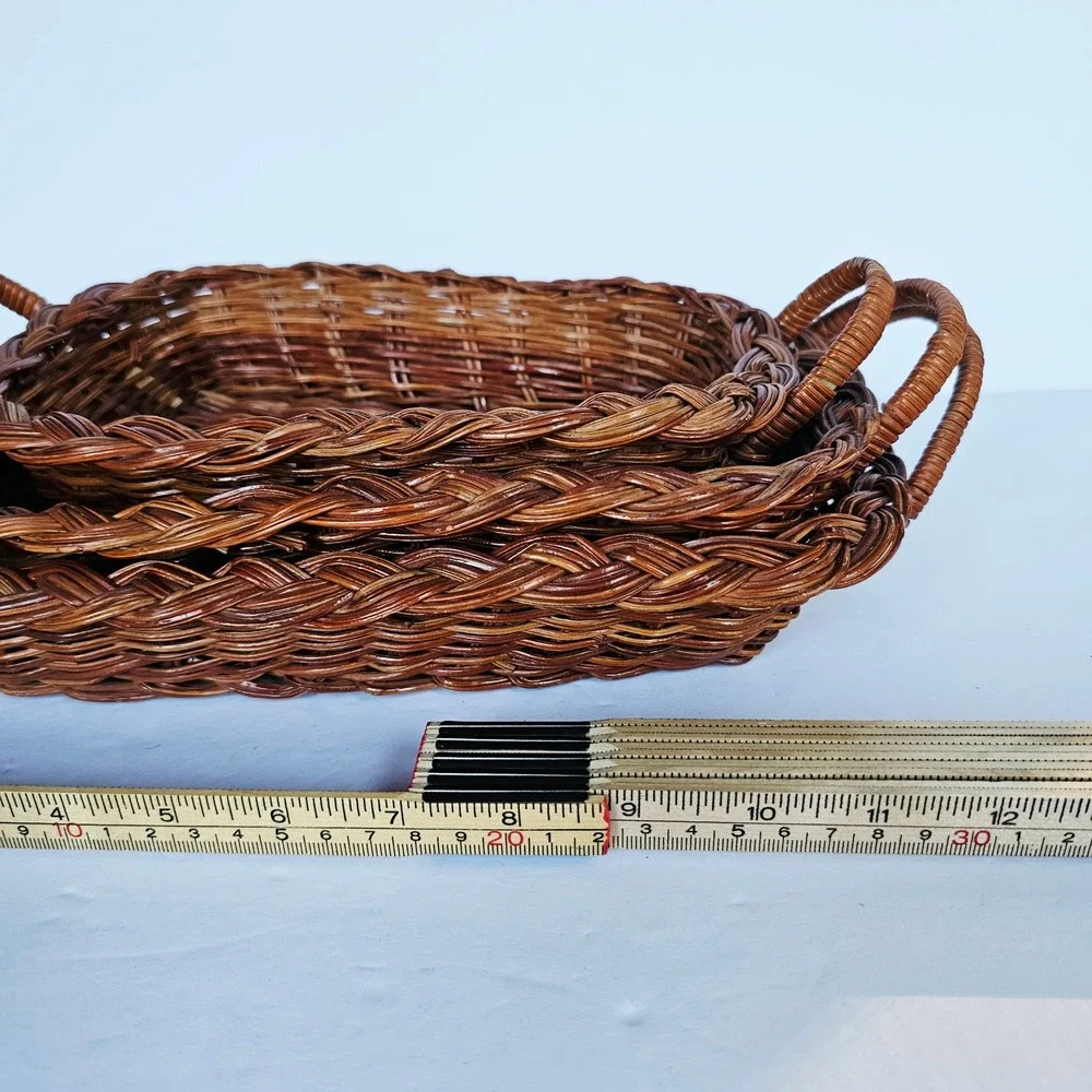 Vintage Nesting Wicker Baskets Set of 3 Braided Rim Rectangular Trays Boho Decor